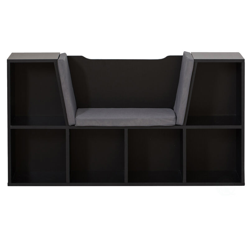 White Modern Multi-Purpose Bookshelf with Storage Space and Gray Cushioned Reading Nook