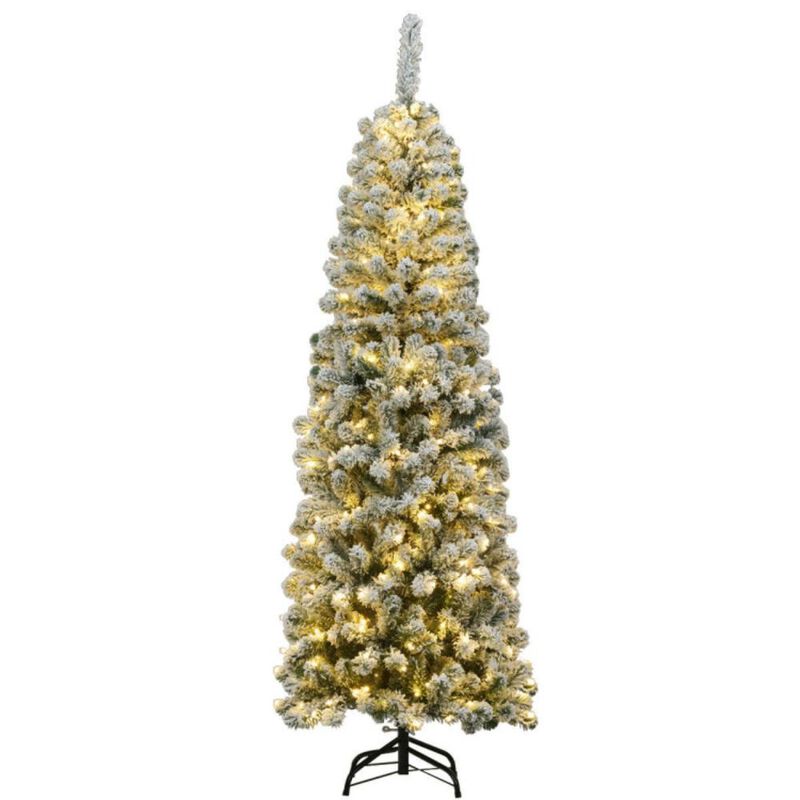 Hivvago 6 Feet Pre-lit Snow Flocked Artificial Pencil Christmas Tree with 250 LED Lights