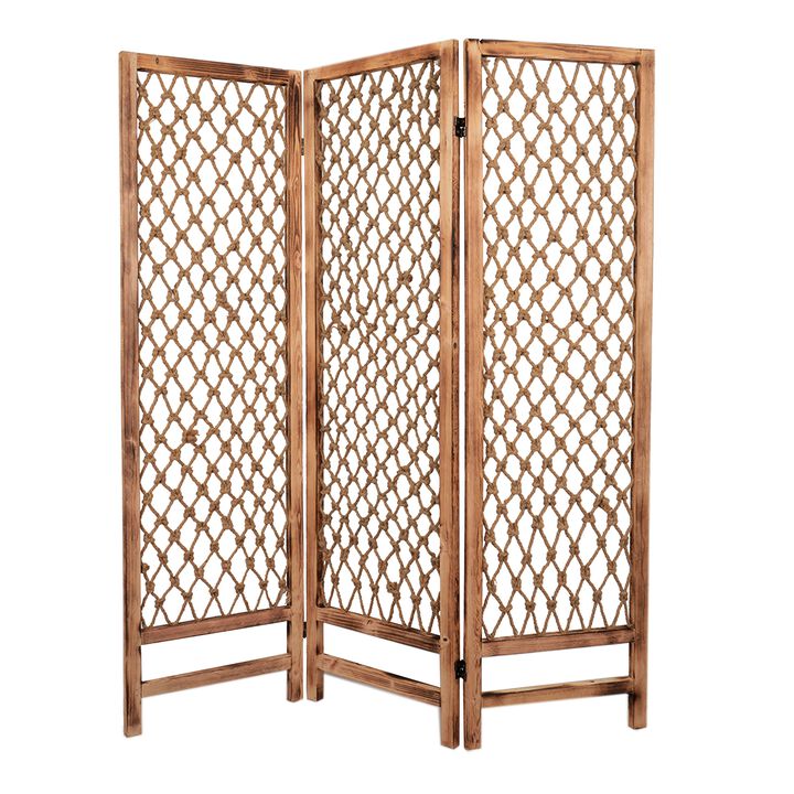 3 Panel Traditional Foldable Screen with Rope Knot Design, Brown-Benzara