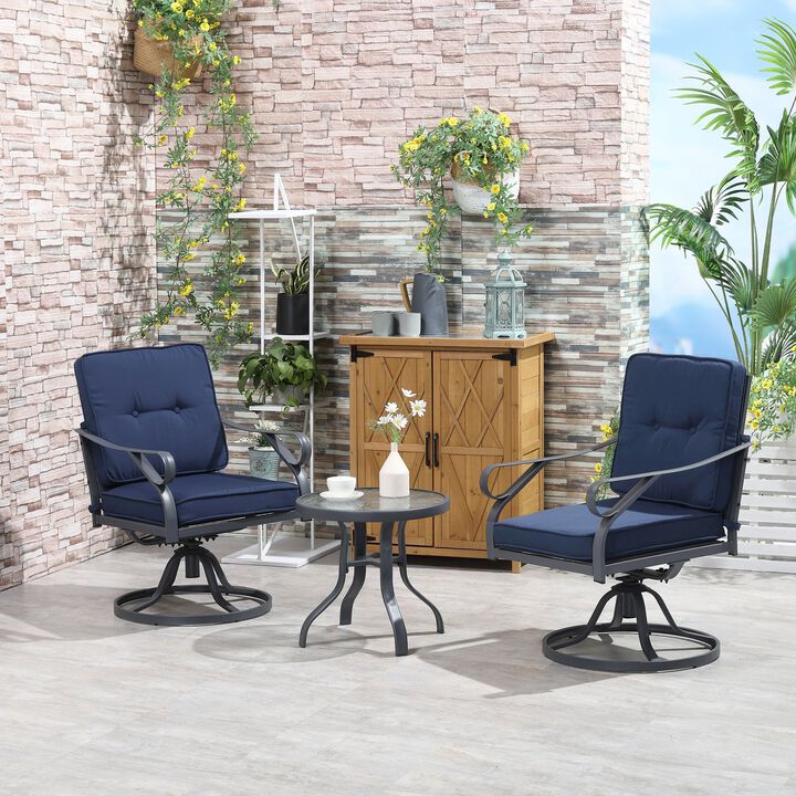 Blue Outdoor Bistro Set: 3-Piece Swivel Chairs and Glass Table for Porch, Garden