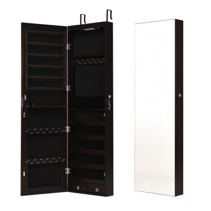 Hivvago Wall and Door Mounted Mirrored Jewelry Cabinet with Lights