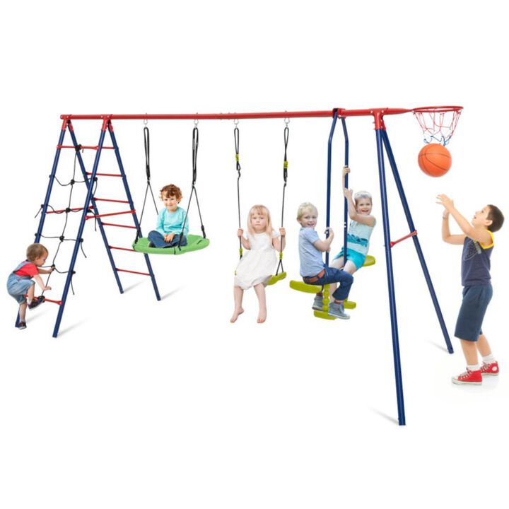 Hivvago 550 LBS 6-in-1 Patio Kids Swing Set with Climbing Net and Ladder