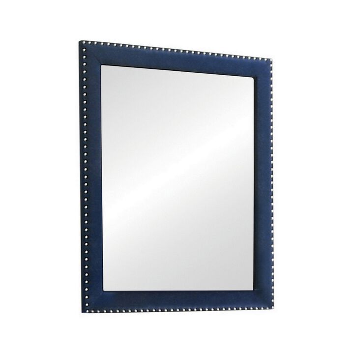 Cale 40 Inch Modern Glam Portrait Mirror, Nailhead, Blue Velvet Upholstered-Benzara
