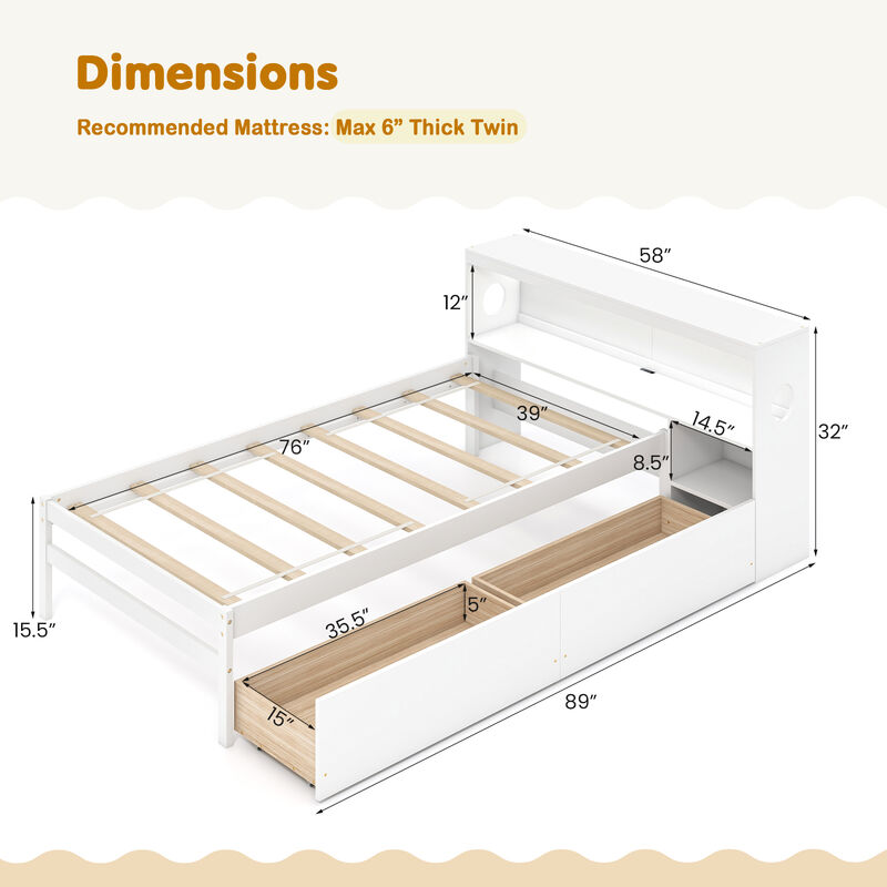 Bed Frame with LED Light and Bookcase Headboard
