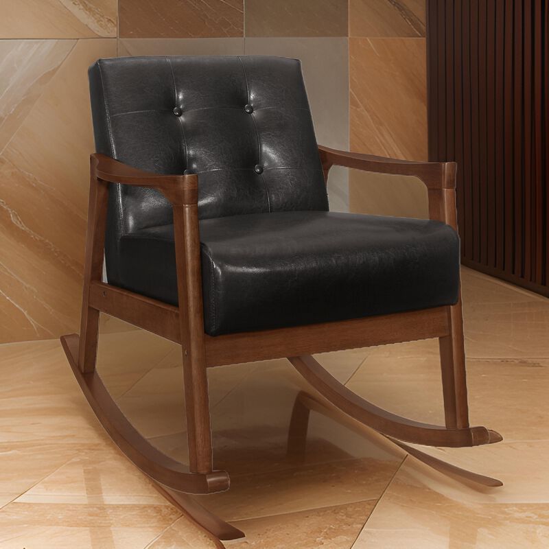 Ciao 37 Inch Rocking Chair Armchair, Dark Brown Faux Leather, Solid Wood - Benzara