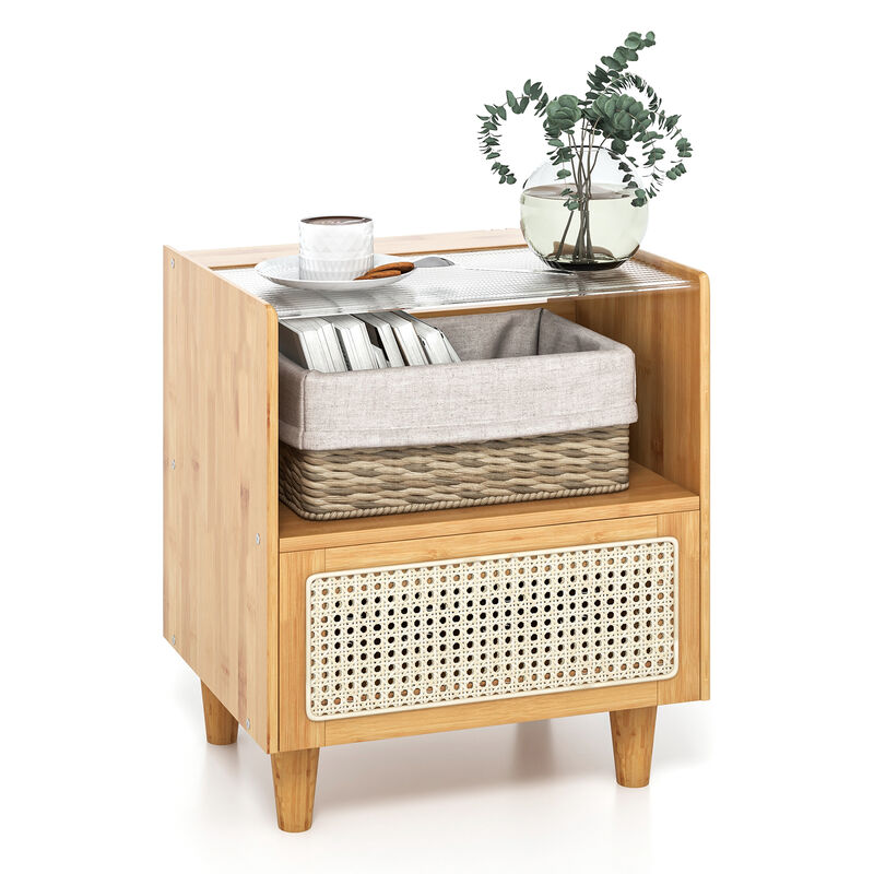 Bamboo Rattan Nightstand with Drawer and Solid Wood Legs