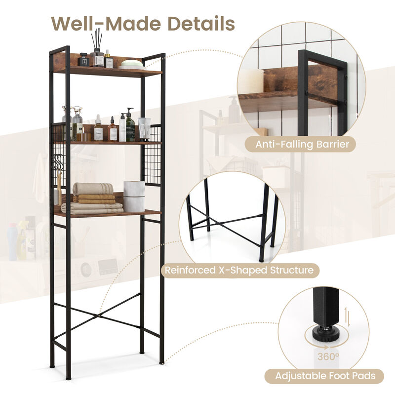 3-Tier Over-the-Toilet Storage Rack with 3 Hooks-Rustic Brown