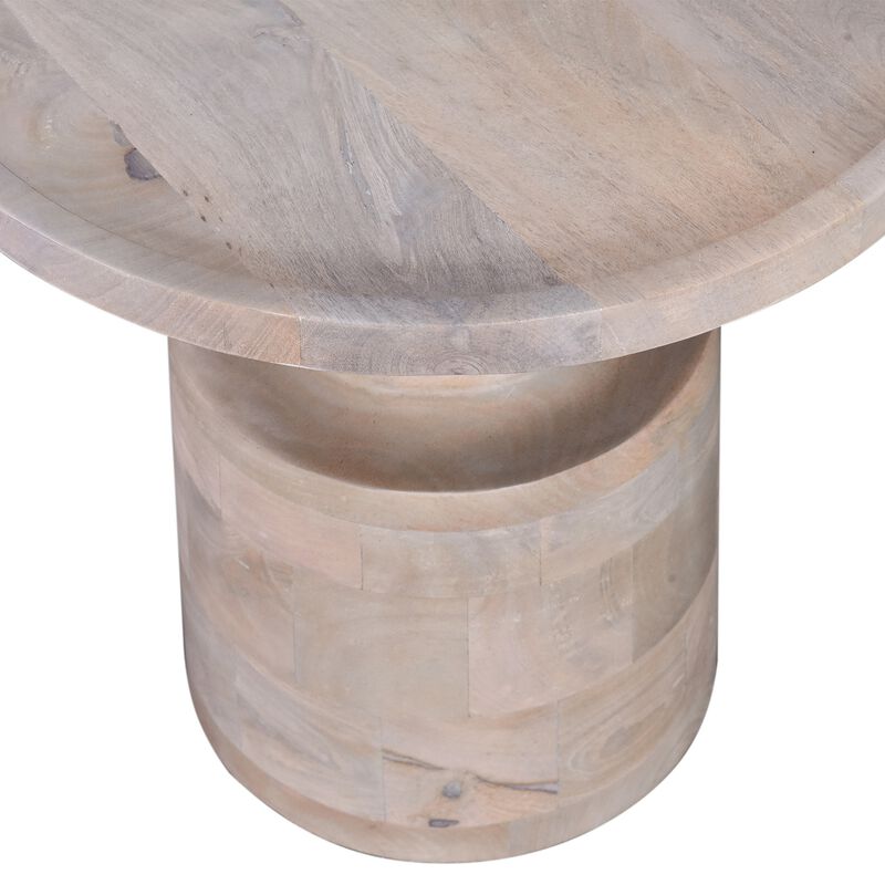 Side End Table, 18 Inch Round Top, Pedestal Base, Oak White Mango Wood - Benzara