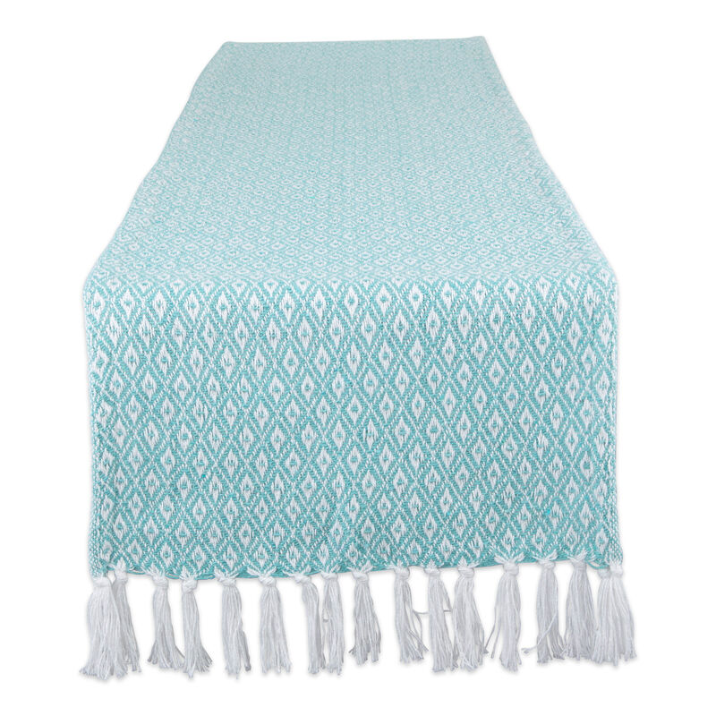 72" Aqua Blue and White Diamond Rectangular Weaved Table Runner