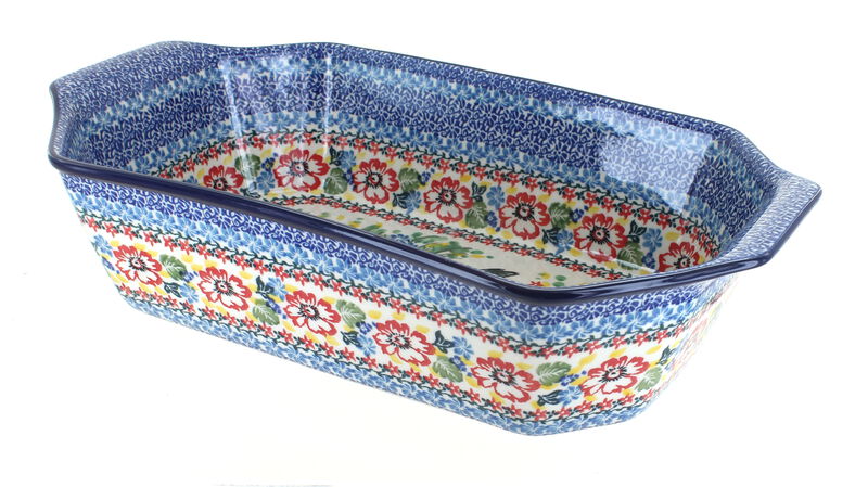 Blue Rose Polish Pottery Hummingbird Deep Baker with Handles