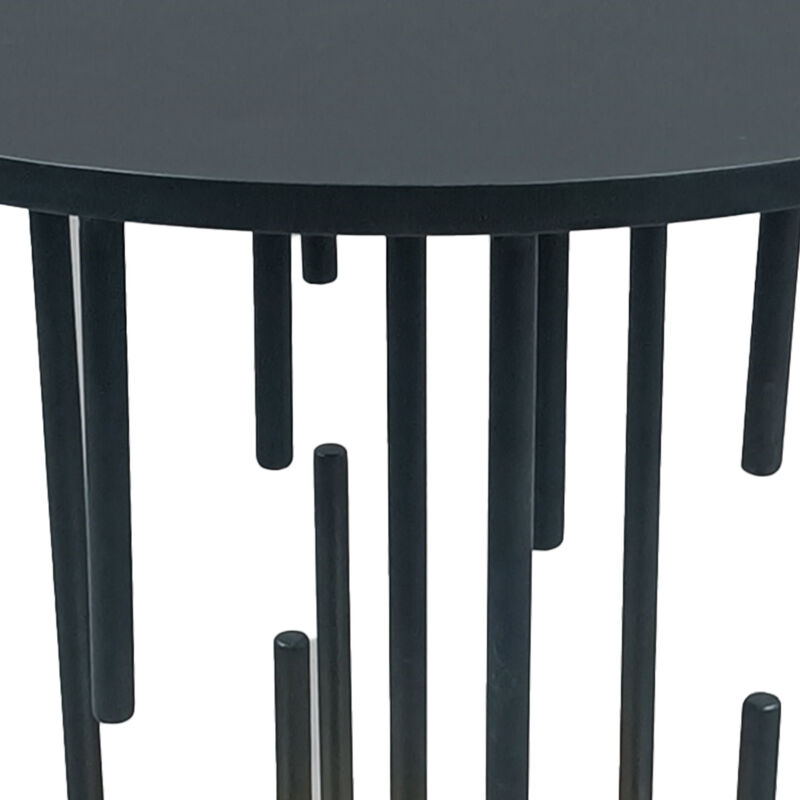 Neci 20 Inch Side End Table, Round Matte Black Tray Top, Modern Rod Supports with Brass Base - Benzara