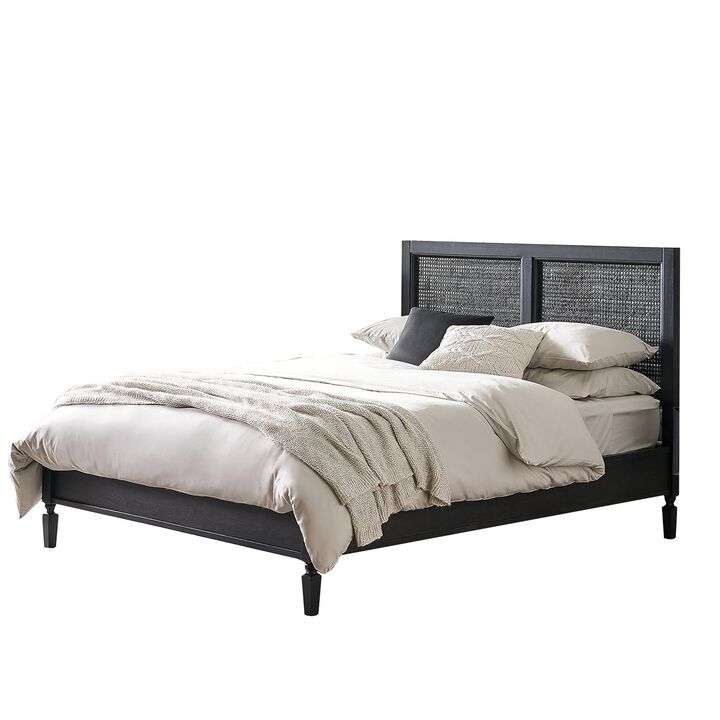 Queen Bed, Cane Rattan Upholstered Headboard, Dark Gray Acacia Wood - Benzara