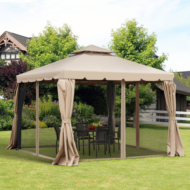 Khaki Backyard Haven: 10'x10' Gazebo with Netting & Double-Vented Roof
