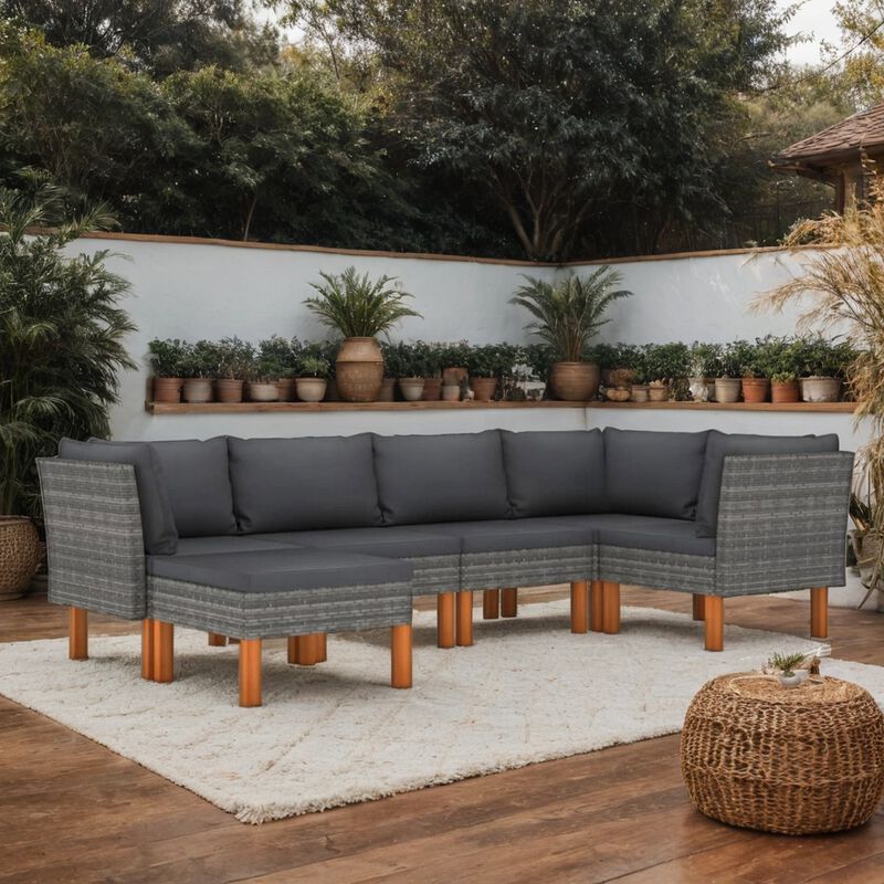 Casey Outdoor 6pc Modular Lounge Sofa Set, Gray Rattan, Solid Wood - Benzara