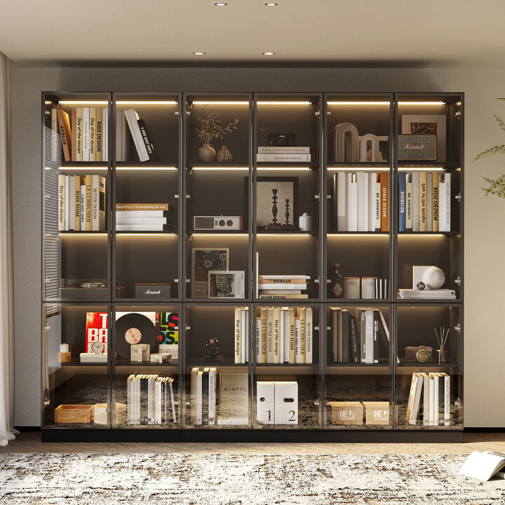 FUFU&GAGA Modern Black Bookcase with LED Lighting – Stylish Storage Cabinet with Tempered Glass Doors and Adjustable Shelves, (94.5" L x 14.2" W x 78.7" H),Black