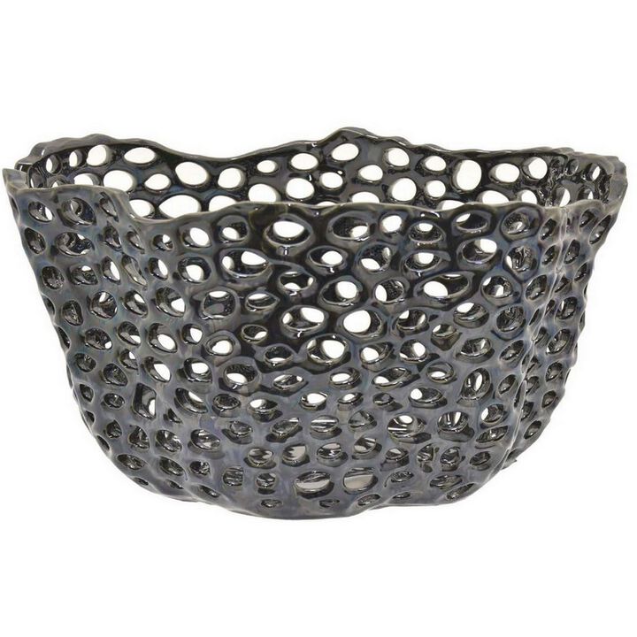 Hina 14 Inch Decorative Bowl, Mesh Design, Wavy Edges, Ceramic Blue Finish - Benzara