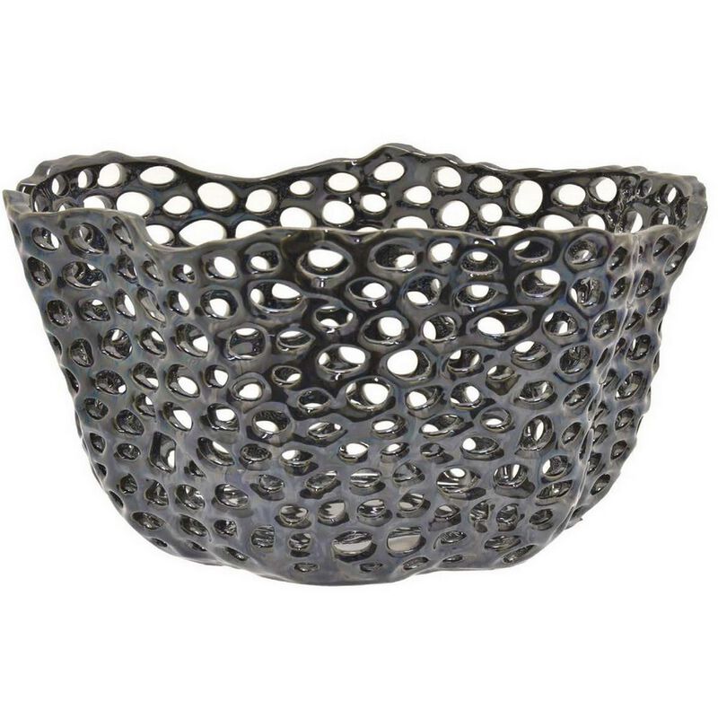 Hina 14 Inch Decorative Bowl, Mesh Design, Wavy Edges, Ceramic Blue Finish - Benzara