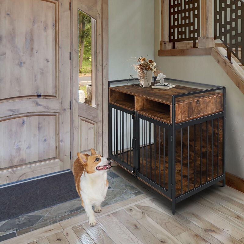 Metal Heavy Duty Dog Crate Furniture with Double Doors, Locks, and Anti-Chew Features