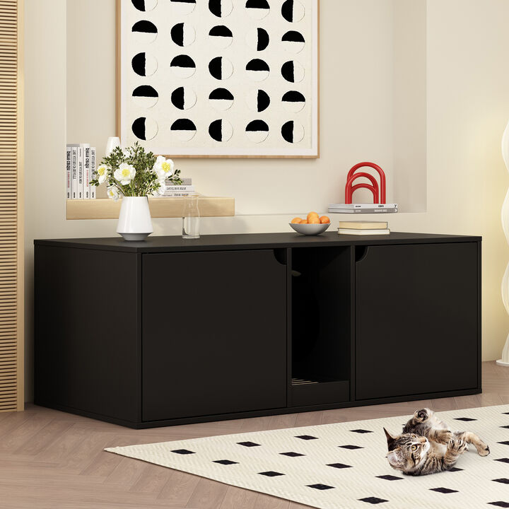 Cat Litter Box Enclosure for 2 Cats, Wood Stackable Cat Washroom Storage Bench End Table Furniture, Black