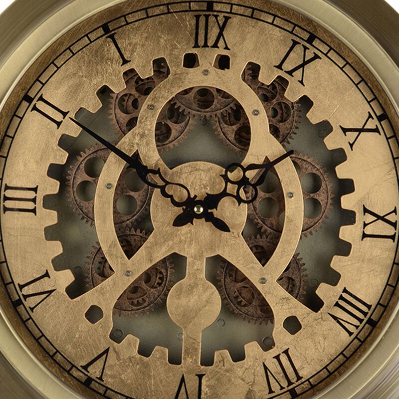 Reny 18 Inch Round Wall Clock, Gear Design, Roman Analog, Gold Bronze - Benzara