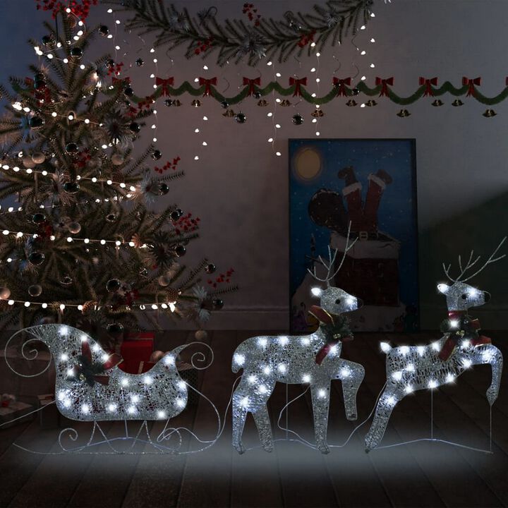 Outdoor Christmas Reindeer and Sleigh Decoration, 60 Silver LED Lights - Benzara
