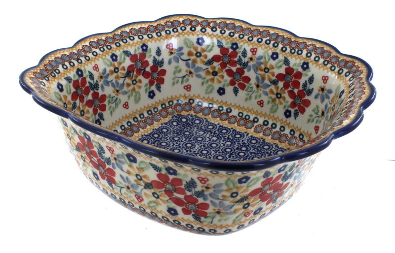 Blue Rose Polish Pottery Red Daisy Large Square Serving Dish