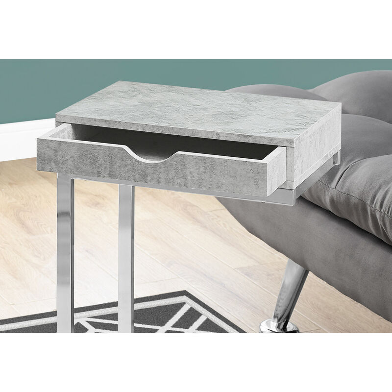 Monarch Specialties I 3373 Accent Table, C-shaped, End, Side, Snack, Storage Drawer, Living Room, Bedroom, Metal, Laminate, Grey, Chrome, Contemporary, Modern