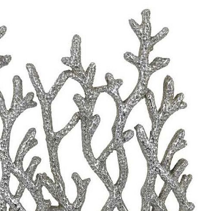 Spark 20 Inch Coral Table Top Decor, Coastal Design, Resin, Silver, Black - Benzara