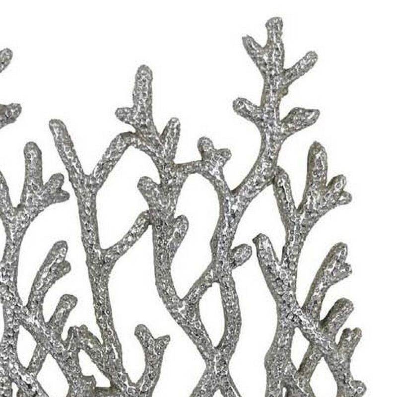 Spark 20 Inch Coral Table Top Decor, Coastal Design, Resin, Silver, Black - Benzara