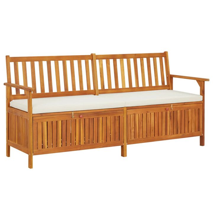 Outdoor Storage Bench, White Fabric Cushion, 66 Inch Brown Acacia Wood - Benzara