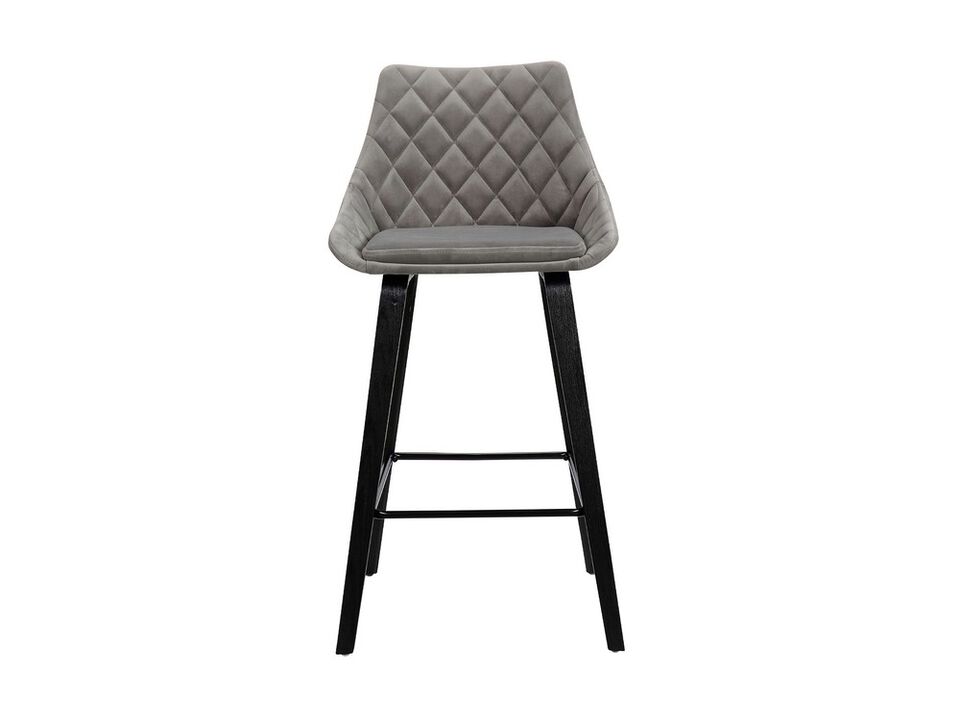 26 Inch Velvet Upholstered Diamond Tufted Wood Leg Barstool, Gray and Black-Benzara