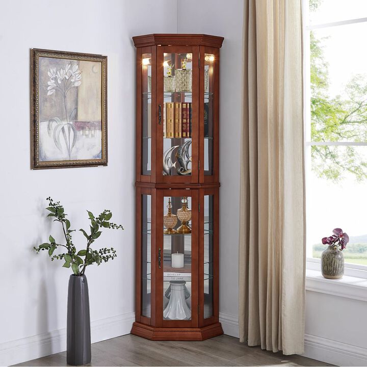 Walnut Corner Curio Cabinet with Lights & Adjustable Shelves