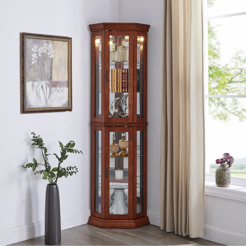 Walnut Corner Curio Cabinet with Lights & Adjustable Shelves
