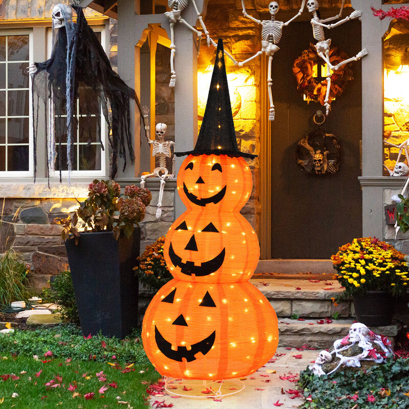 Lighted Stacked Pumpkins Halloween Decoration with Witch Hat