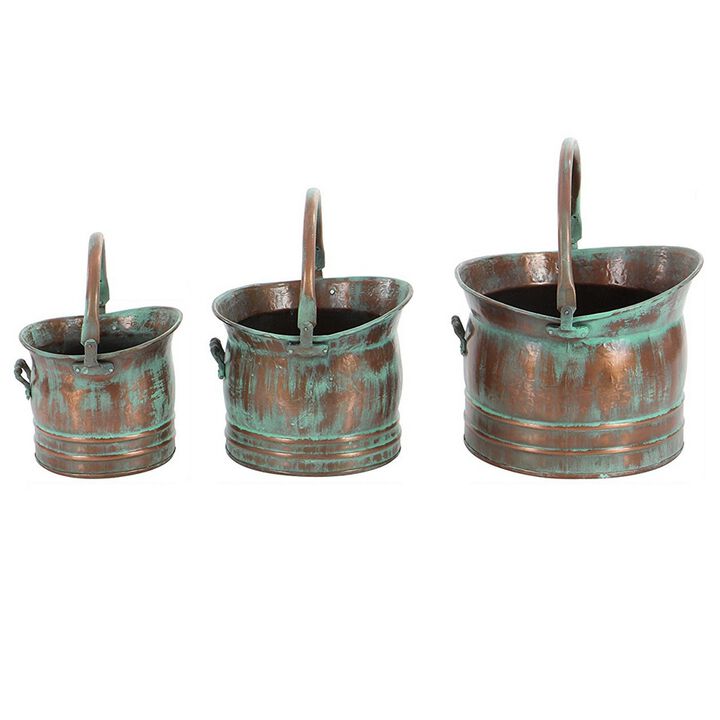 Tinged Metal Bucket Planter With Handles, Patina Rust Finish, Green, Set of 3-Benzara