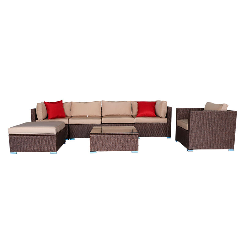 7-Piece Wood Grain PE Wicker Rattan Patio Sofa Set, Outdoor Sectional with Corner Sofa