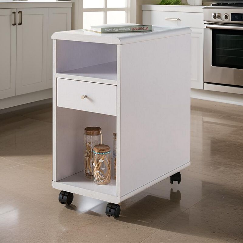 20 Inch Rolling Chairside Table, Single Drawer, 2 Open Shelves, Crisp White - Benzara