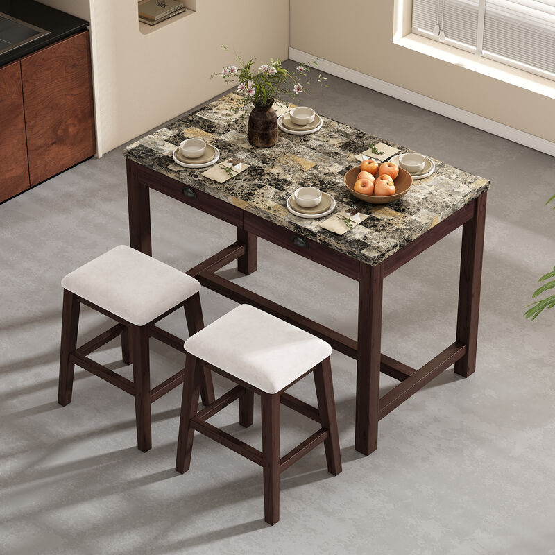 5-Piece  Dining Table Set for 4, Counter Height Modern Kitchen Table and Chairs Set of 4 with Storage Drawers, Marble Dining Table with 4 Upholstered Chairs for Small Space (Walnut)