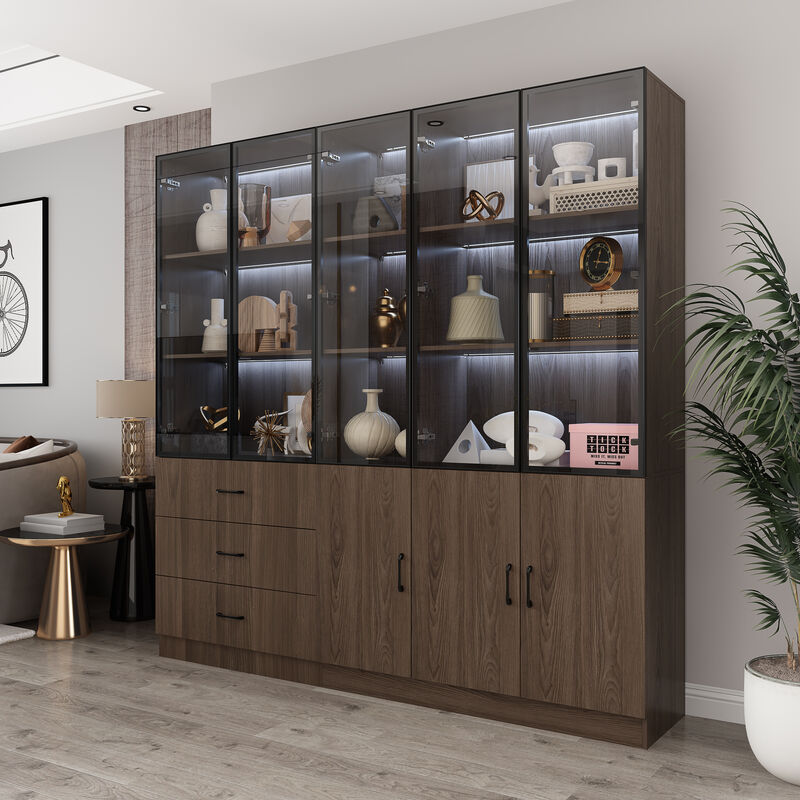 78.7”W Display Cabinet Curio Cabinet with Light & Pop-up Glass Doors, Storage Cabinet Bookcase with 5-Tier Shelves & 3 Drawers for Living Room/Home Office, Dark Brown (78.7”W x 15.7”D x 78.7”H)