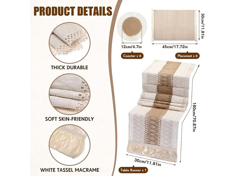 Tatuo Boho Macrame Table Runner Placemat and Coaster Set of 13