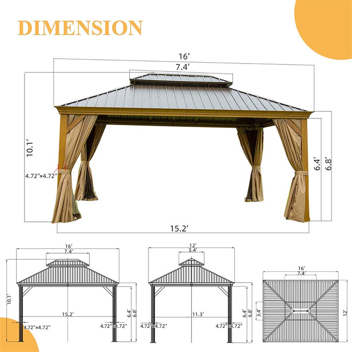 12'X 16' Aluminum Hardtop Gazebo with Curtains & Netting