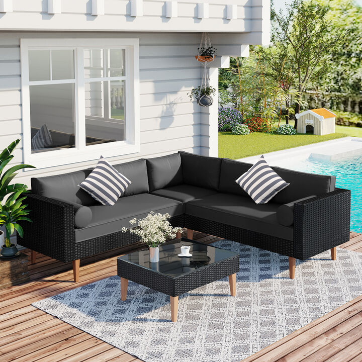 Whisen 4-Piece Outdoor Wicker Sofa Set, Patio Furniture with Colorful Pillows and Coffee Table