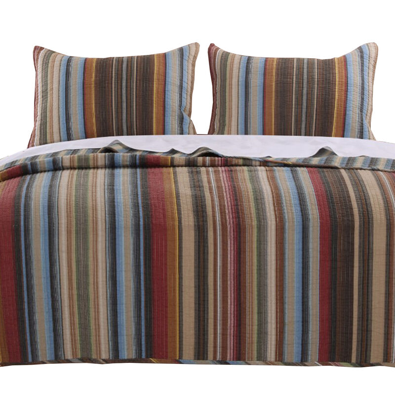 Phoenix Fabric 3 Piece Queen Size Quilt Set with Striped Prints, Multicolor - Benzara