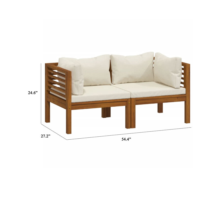 Luna 2pc Modular Outdoor Sofa, Cream 27 Inch Slatted Solid Acacia Wood - Benzara