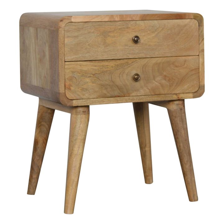 Solid Wood 2 Drawer Curved Oak-ish Nightstand