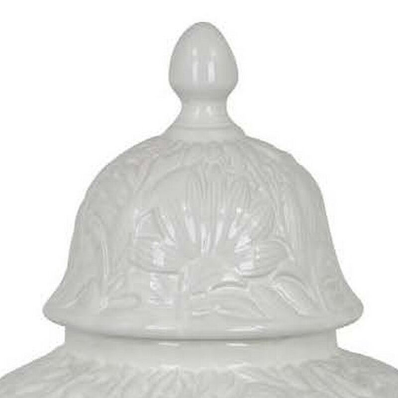 Deni 18 Inch Temple Jar, Embossed Design, Removable Lid, White Finish - Benzara