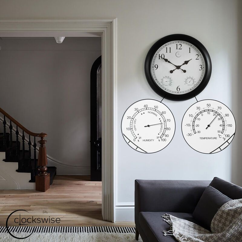 24-inch Large Outdoor Wall Clock Thermometer Combo, Waterproof Hygrometer Silent Battery Operated Clocks Timepiece Garden Weather Master Station for Home Indoor or Patio Pool Photography Props Black
