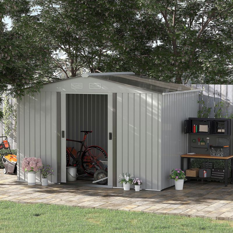 Silver Garden Storage: 9'x6' Metal Shed with Sliding Doors