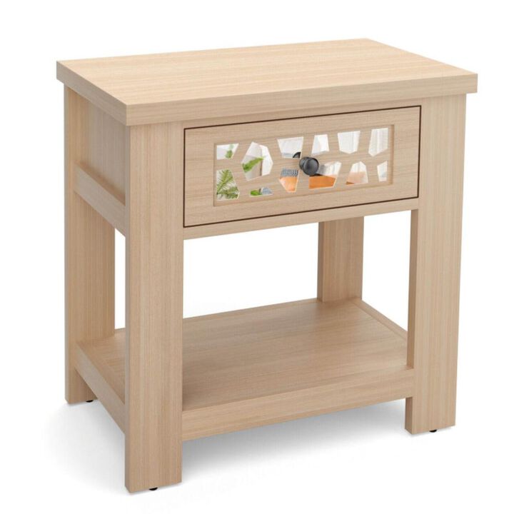Hivvago Wood Retro End Table with Mirrored Glass Drawer and Open Storage Shelf