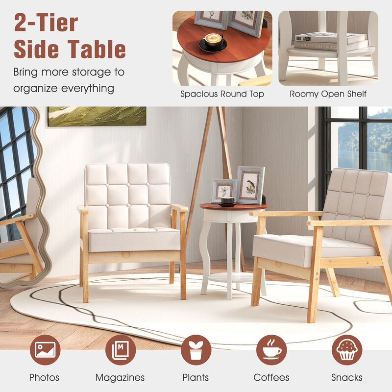 2-Tier Round End Table with Storage Shelf and Solid Rubber Wood Legs for Living Room or Bedroom